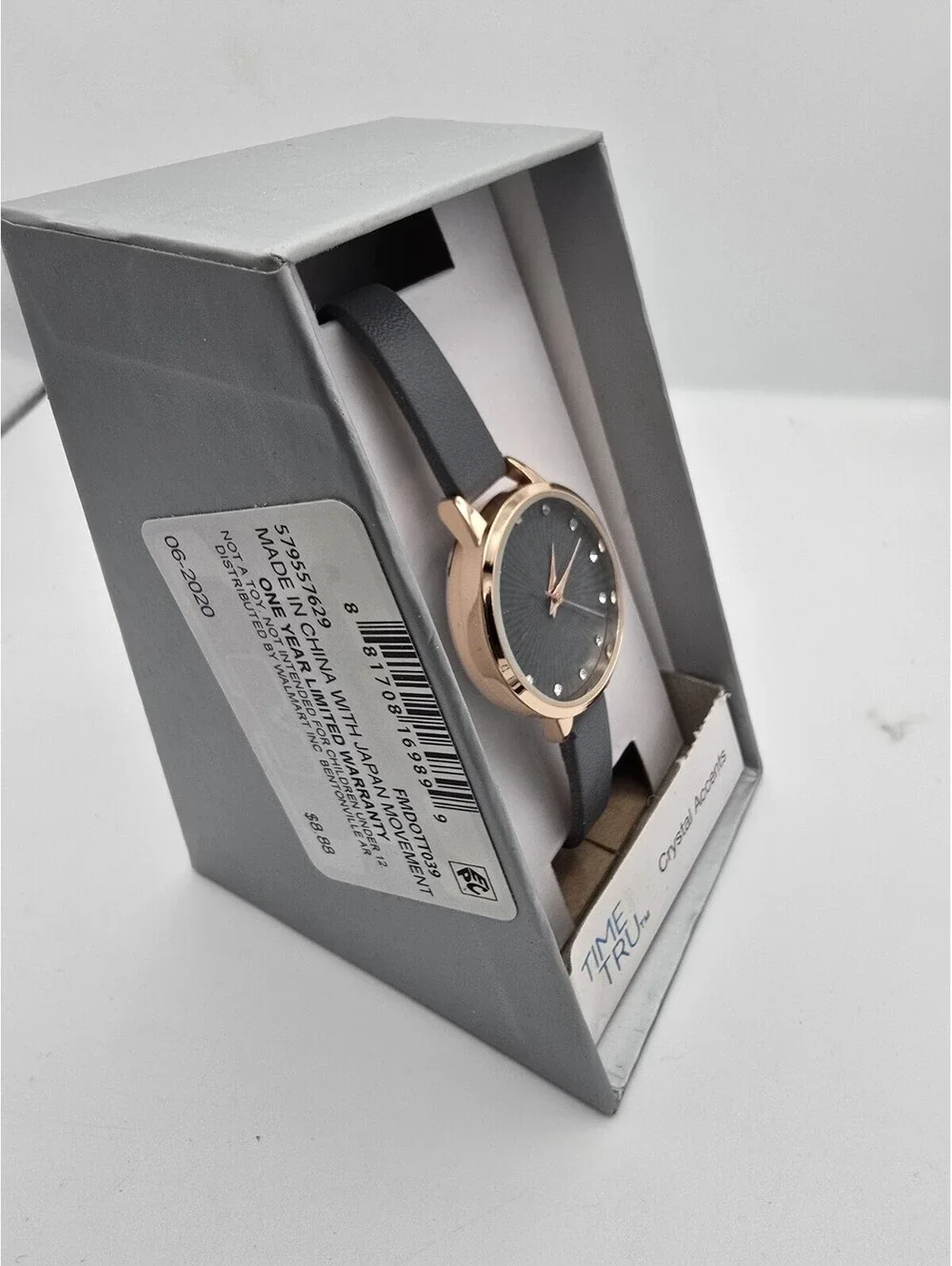 Time and Tru FMDOTT039 Ladies Crystal Accents Watch Rose Gold Tone Grey Strap